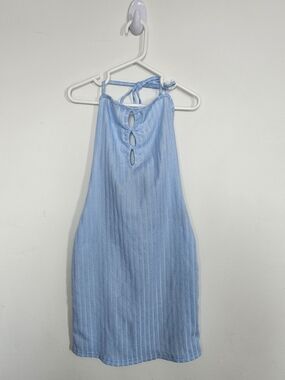 SHEIN Light Blue Halter Mini Dress XS Textured Ribbed Cut Out Front Sleeveless🔥